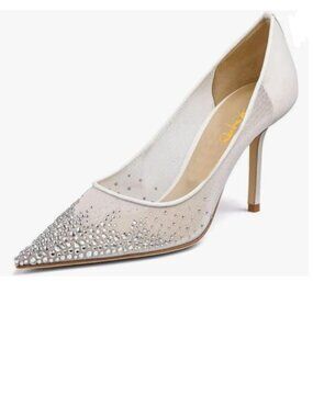 XYD White High Heel Pumps Rhinestones Crystals Mesh Slip On Pointed Toe Shoes